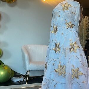 Elegant White and Gold Floral Embroidered Shawl
